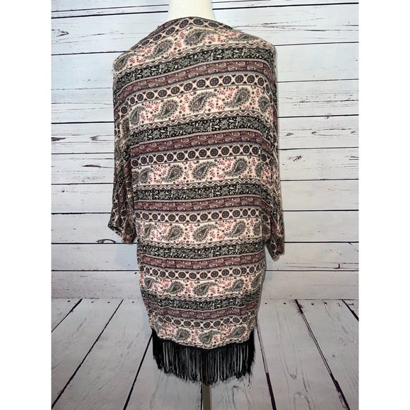 Mauve Open Front Cardigan Lagenlook Fringed Paisley Sweater Shirt Medium ST8232 - Picture 8 of 10